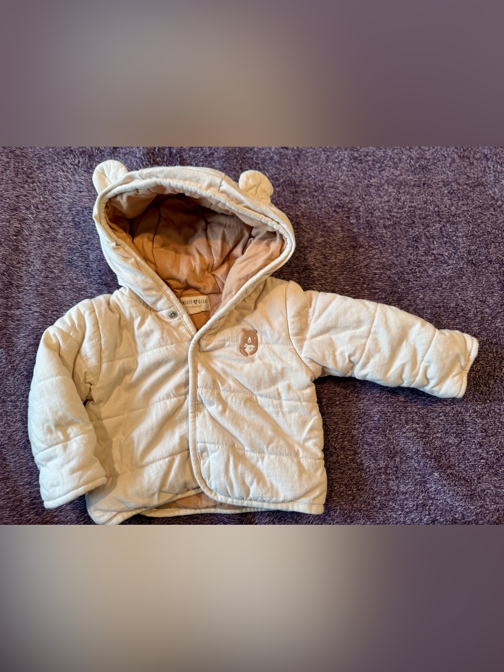 NWOT Rabbit + Bear Organic Quilted Hooded Down Jacket, Cream, Button-Up, 6-9M